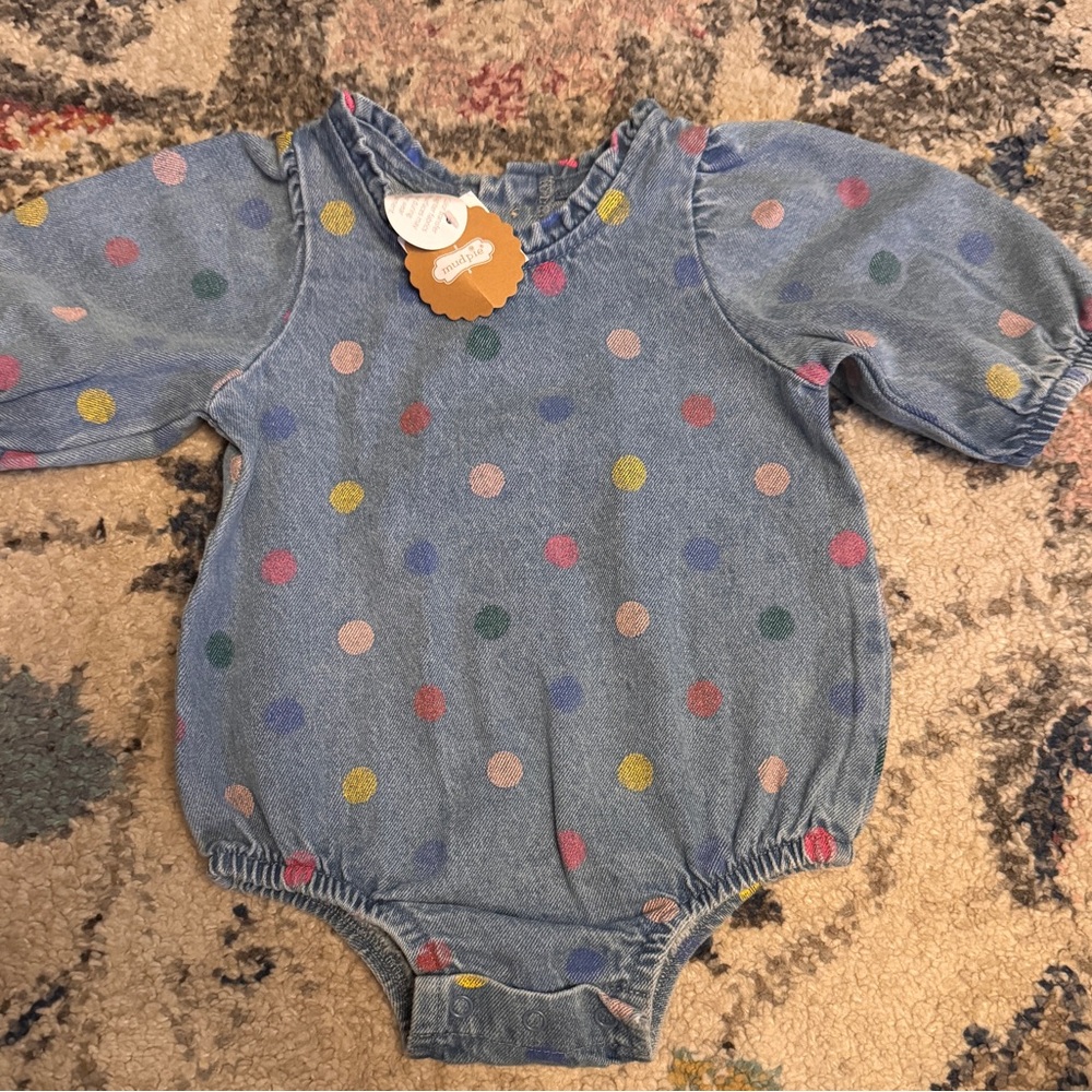 Mud Pie Blue and Yellow Bodysuit with Playful Polka Dots
